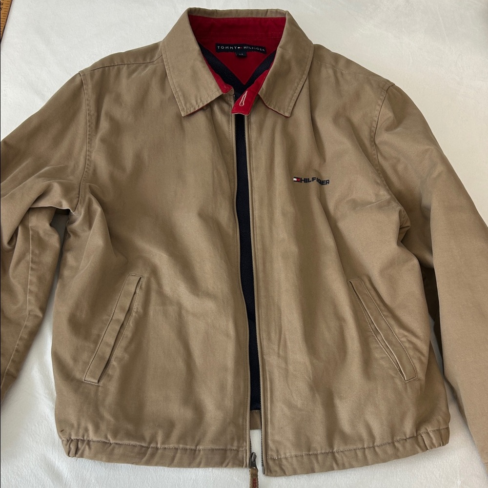 Tommy Hilfiger Men's Khaki Bomber Jacket with Red Trim Fleece Lined L